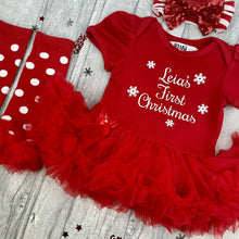 Load image into Gallery viewer, Baby Girls First Christmas Personalised Red Tutu Romper with Matching Legwarmers and Sequin Bow Headband
