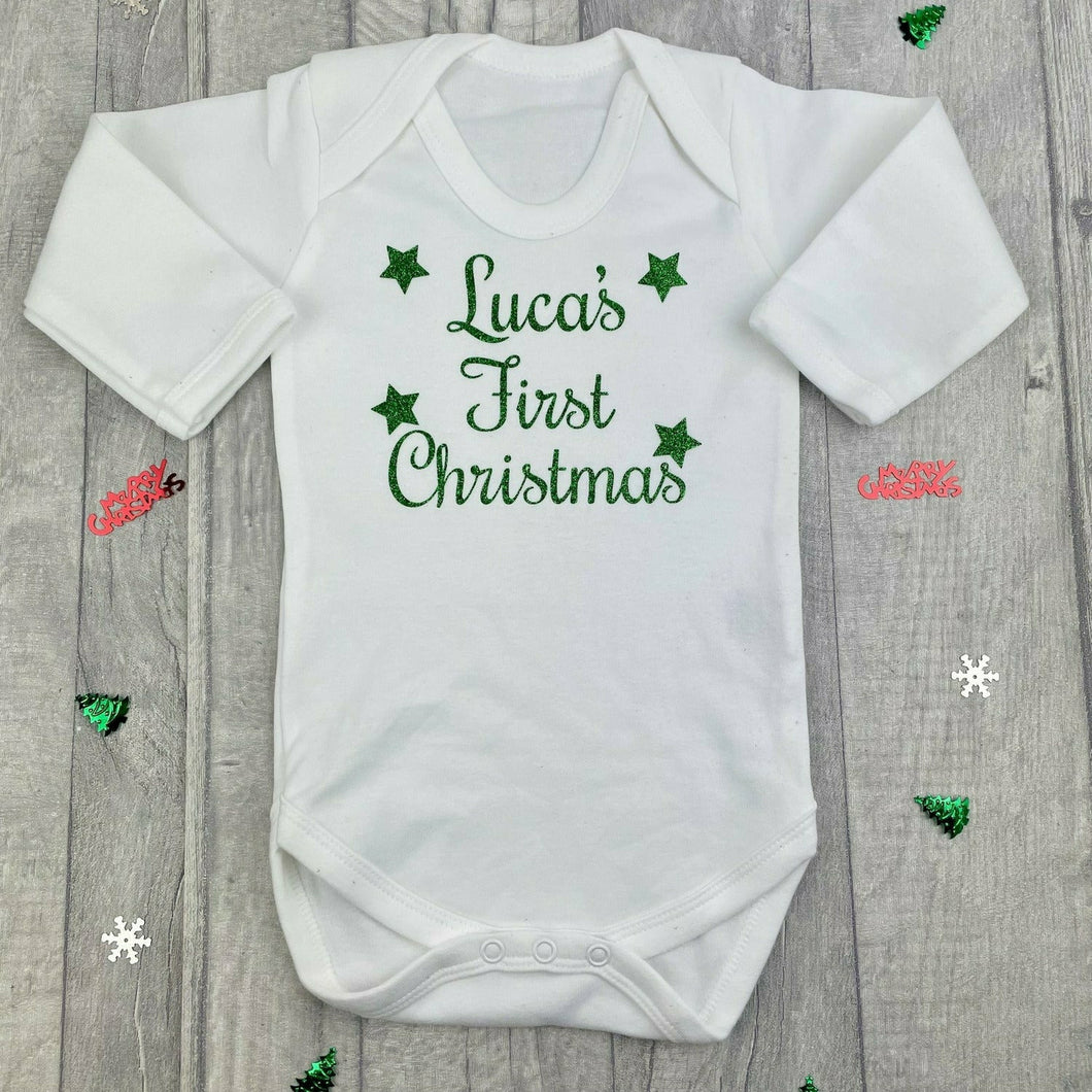 Personalised 'First Christmas' Long Sleeve White Romper, Newborn Baby Gift