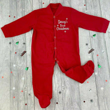 Load image into Gallery viewer, First Christmas Baby Boys &amp; Girls Sleepsuit, Personalised Silver Star Christmas Pyjamas
