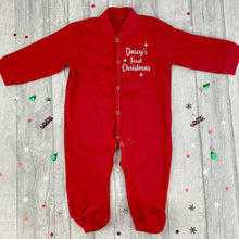 Load image into Gallery viewer, First Christmas Baby Boys &amp; Girls Sleepsuit, Personalised Silver Star Christmas Pyjamas
