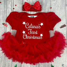 Load image into Gallery viewer, &#39;First Christmas&#39; Personalised Baby Girl Tutu Romper With Matching Bow Headband, Stars
