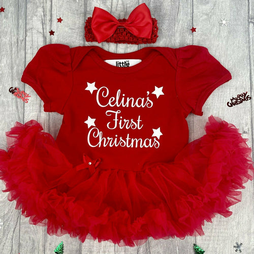 'First Christmas' Personalised Baby Girl Tutu Romper With Matching Bow Headband, Stars