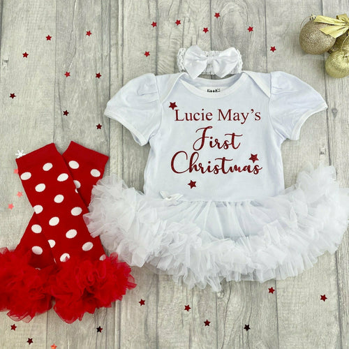 Personalised 'First Christmas' Baby Girl Tutu Romper With Matching Bow Headband And Matching Red Leg Warmers