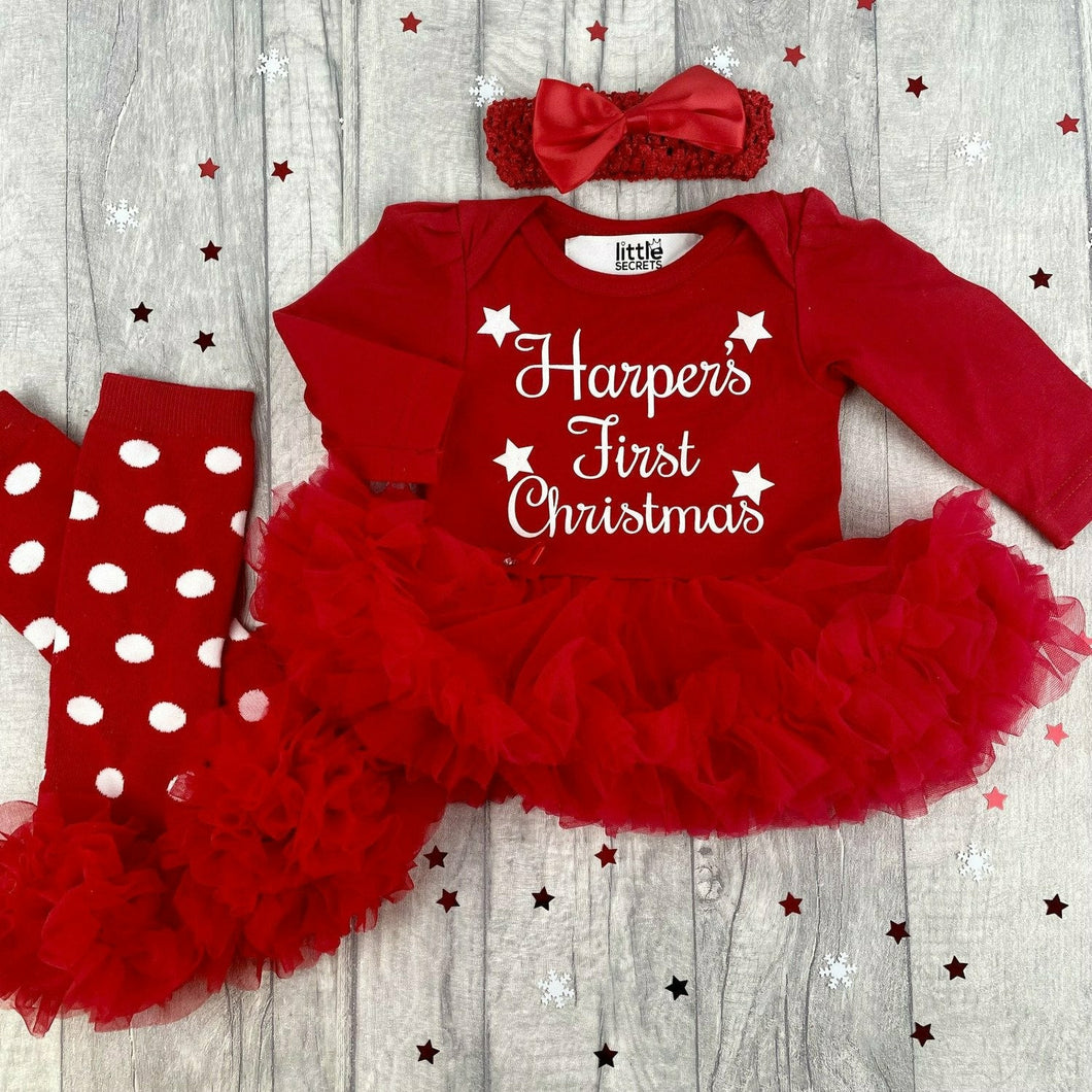 Baby Girl's First Christmas Personalised Red Tutu Romper with Matching Spotty Legwarmers & Bow Headband