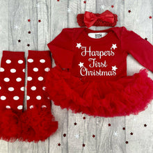 Load image into Gallery viewer, Baby Girl&#39;s First Christmas Personalised Red Tutu Romper with Matching Spotty Legwarmers &amp; Bow Headband
