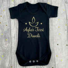 Load image into Gallery viewer, Personalised &#39;First Diwali&#39; Baby Short Sleeve Romper, 1st Hindu Diwali, Celebration Romper With Traditional Diya
