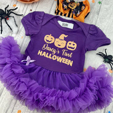 Load image into Gallery viewer, Personalised &#39;First Halloween&#39; Tutu Romper with Matching Pumpkin Headband, Glitter Orange Pumpkin Design, Baby Girls Outfit
