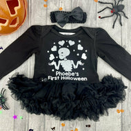 Personalised Funny Bones First Halloween Tutu Romper, Baby Girls Skeleton Outfit