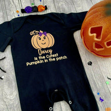 Load image into Gallery viewer, Personalised &#39;Cutest Pumpkin in the patch&#39; Baby Girls Halloween Black Full-Body, With Matching Flower Headband
