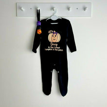 Load image into Gallery viewer, Personalised &#39;Cutest Pumpkin in the patch&#39; Baby Girls Halloween Black Full-Body, With Matching Flower Headband
