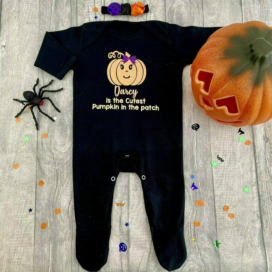 Personalised Cutest Pumpkin in the patch Halloween Black Sleepsuit, With Matching Flower Headband - Little Secrets Clothing