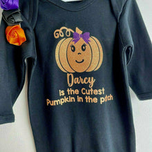 Load image into Gallery viewer, Personalised Cutest Pumpkin in the patch Halloween Black Sleepsuit, With Matching Flower Headband - Little Secrets Clothing
