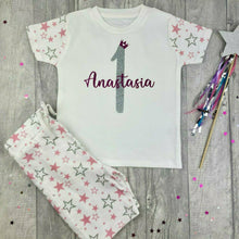 Load image into Gallery viewer, Personalised Name and Age Pink / Blue and White Star Shorts Birthday Girls Pyjamas, Boys Pjs
