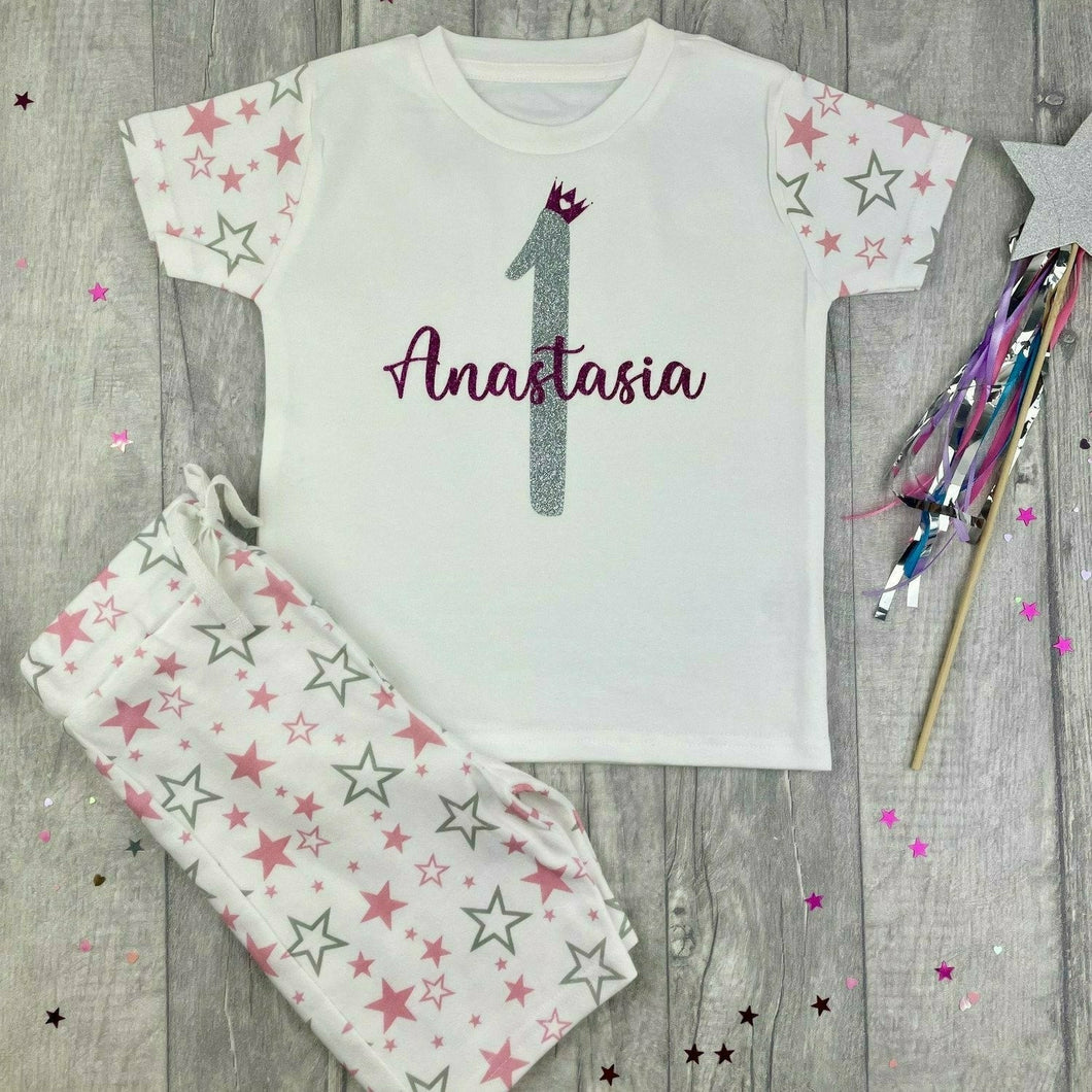 Personalised Name and Age Pink / Blue and White Star Shorts Birthday Girls Pyjamas, Boys Pjs