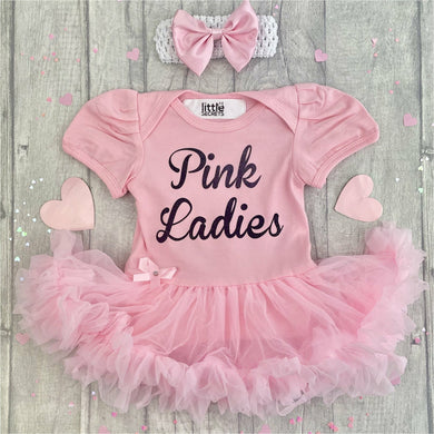 'Pink Ladies' Grease Film Baby Girl Tutu Romper With Matching Bow Headband