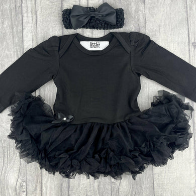 Plain Black Long Sleeve, Baby Girl Tutu Romper With Matching Bow Headband