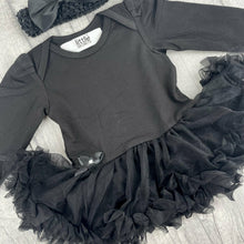 Load image into Gallery viewer, Plain Black Long Sleeve, Baby Girl Tutu Romper With Matching Bow Headband
