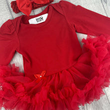 Load image into Gallery viewer, Plain Red Long Sleeve, Baby Girl Tutu Romper With Matching Bow Headband
