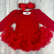 Load image into Gallery viewer, Plain Red Long Sleeve, Baby Girl Tutu Romper With Matching Bow Headband
