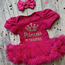 Load image into Gallery viewer, &#39;Princess In Training&#39; Baby Girl Tutu Romper With Matching Bow Headband
