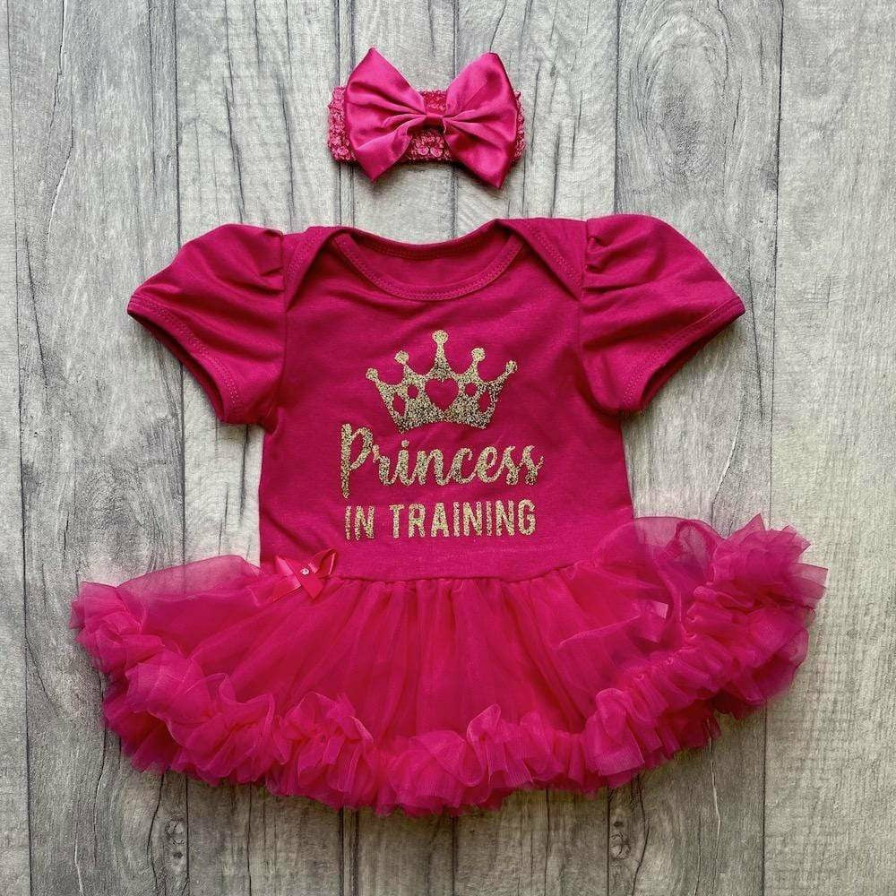 'Princess In Training' Baby Girl Tutu Romper With Matching Bow Headband