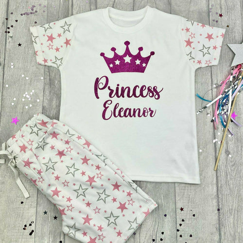 Personalised Princess Pink Star Print Girls Pyjama Set, Girls Short PJs