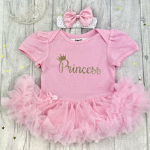 Load image into Gallery viewer, &#39;Princess&#39; Crown Baby Girl Tutu Romper With Matching Bow Headband
