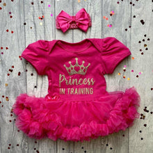 Load image into Gallery viewer, &#39;Princess In Training&#39; Baby Girl Tutu Romper With Matching Bow Headband
