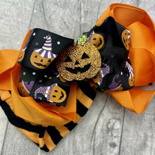 Load image into Gallery viewer, Baby Girl Newborn and Toddler Halloween Pumpkin Bow Headband, Orange, Black &amp; Purple - Little Secrets Clothing

