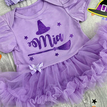 Load image into Gallery viewer, Witch Hat And Broom Baby Girl Personalised Halloween Tutu Romper With Bow Headband, Purple Glitter Design
