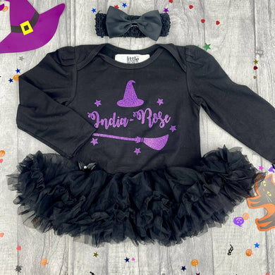 Baby Girl Personalised Witch Halloween Black Tutu Romper with Bow Headband