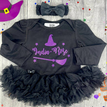 Load image into Gallery viewer, Baby Girl Personalised Witch Halloween Black Tutu Romper with Bow Headband
