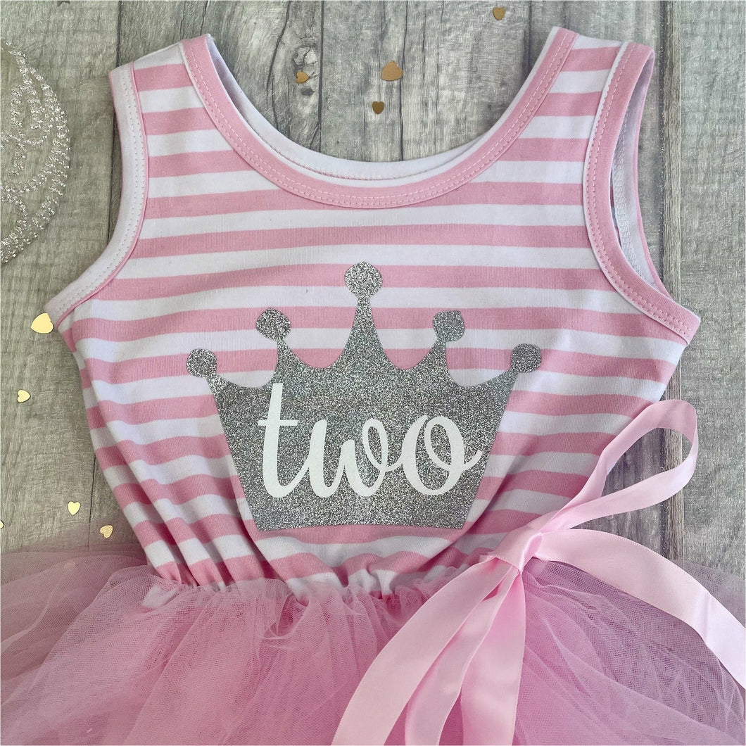 Girl’s 1st, 2nd, 3rd, 4th, 5th, 6th Birthday Dress, Silver Crown Birthday Girls Light Pink Sleeveless Stripe Dress