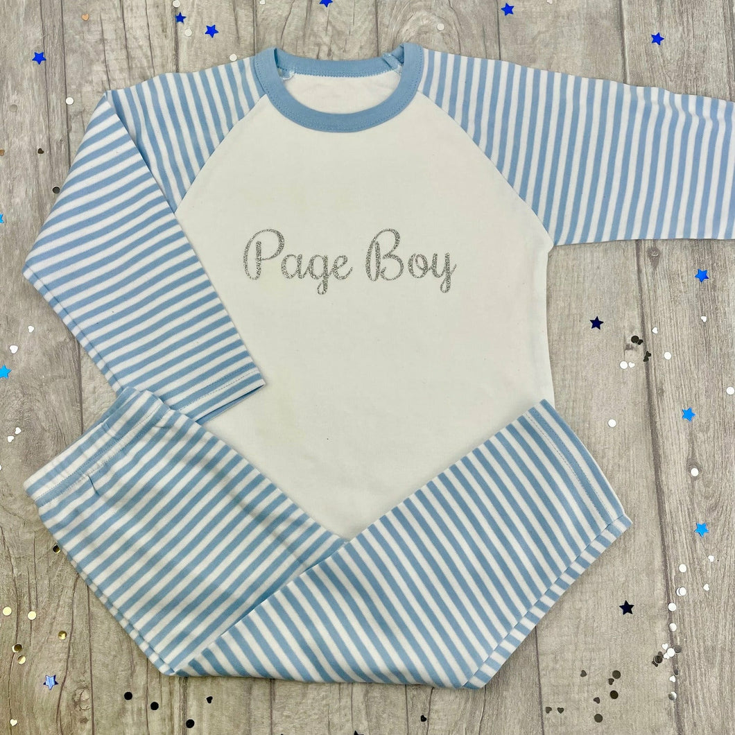 Page Boy Wedding Blue and White Boys Pyjamas Silver Glitter Design