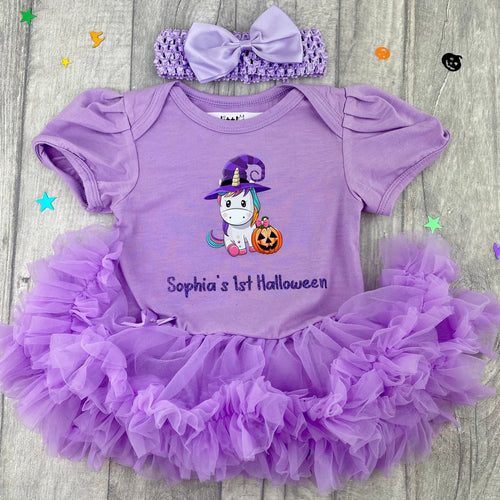 Personalised Baby Girl 1st Halloween Pumpkin Unicorn Tutu Romper With Headband - Little Secrets Clothing