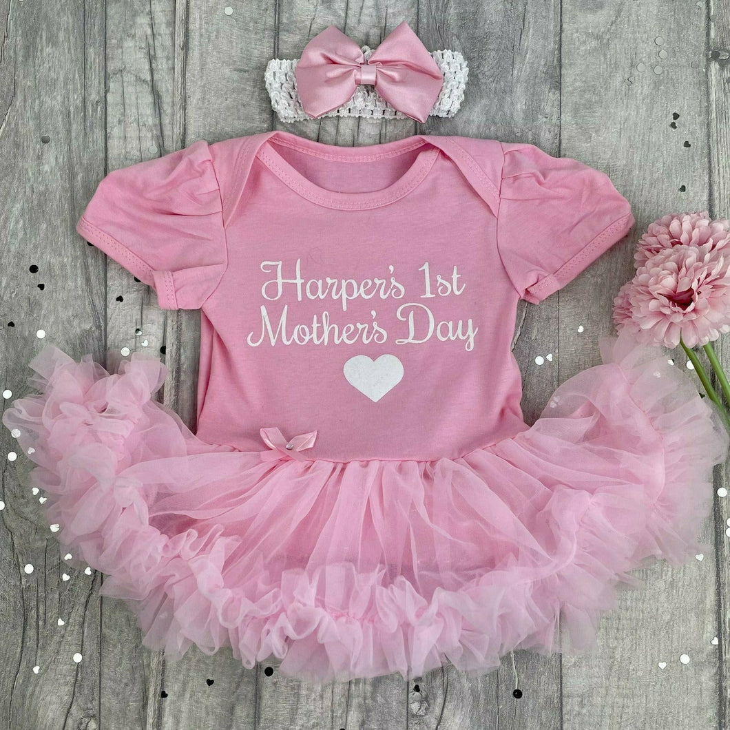 Personalised 1st Mothers Day Baby Girl Tutu Romper With Matching Bow Headband