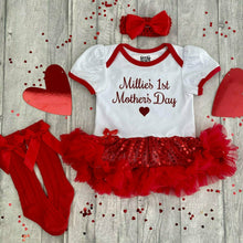 Load image into Gallery viewer, Personalised 1st Mother&#39;s Day Baby Girl Outfit, White &amp; Red Sequin Tutu Romper With Matching Socks or Tights
