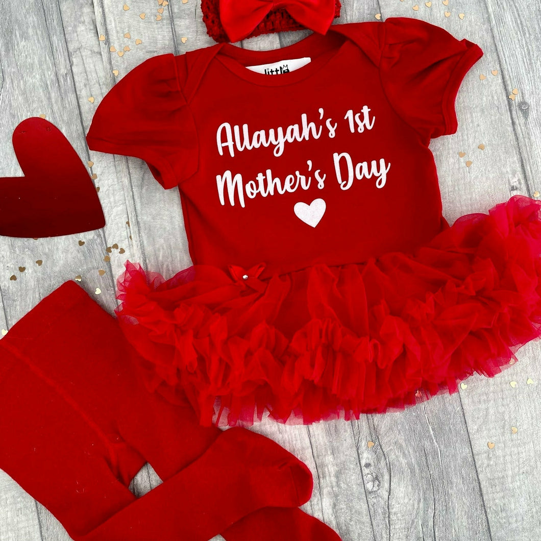 Personalised 1st Mother's Day Outfit, Newborn Baby Girls Red Tutu Romper Outfit Set with Red Tights