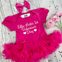Load image into Gallery viewer, Personalised 1st Valentine&#39;s Day Baby Girl Pink Tutu Romper With Headband, White Glitter Design - Little Secrets Clothing
