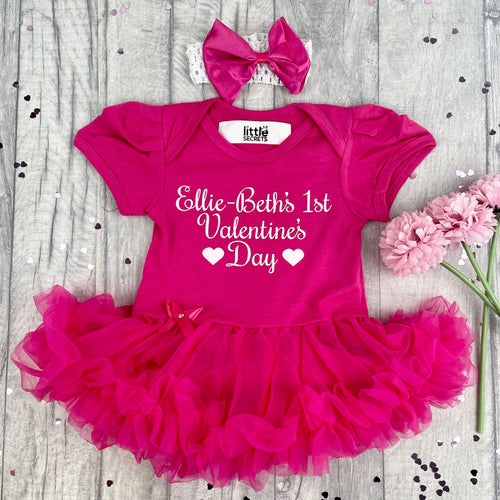 Personalised 1st Valentine's Day Baby Girl Pink Tutu Romper With Headband, White Glitter Design - Little Secrets Clothing