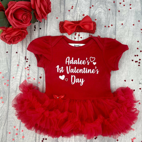 Baby Girls Personalised 1st Valentine's Day Dress, Newborn Red Tutu Romper With Headband, White Love Hearts