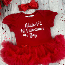 Load image into Gallery viewer, Baby Girls Personalised 1st Valentine&#39;s Day Dress, Newborn Red Tutu Romper With Headband, White Love Hearts
