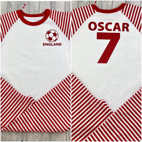 Personalised England Football PJs, World Cup 2022 Red Stripe Boys Pyjamas - Little Secrets Clothing