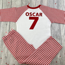 Load image into Gallery viewer, Personalised England Football PJs, World Cup 2022 Red Stripe Boys Pyjamas - Little Secrets Clothing
