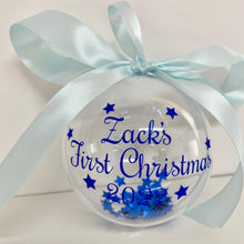 Load image into Gallery viewer, Personalised First Christmas 2022 Baby Boys 1st Christmas Bauble, Blue Star Filled Christmas Decoration
