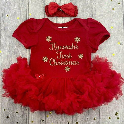 Baby Girls First Christmas Personalised Red Tutu Romper & Bow Headband, Gold Glitter Snowflakes Design