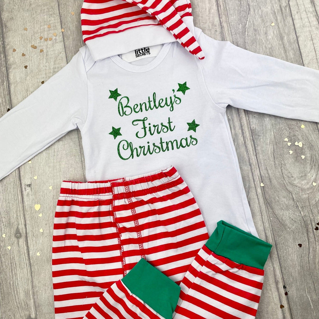 Babies Personalised First Christmas Long Sleeve White Romper Set With Pants and Hat