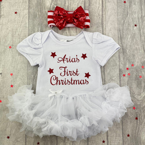 Personalised First Christmas White Tutu Romper with Red Sequin Bow Headband