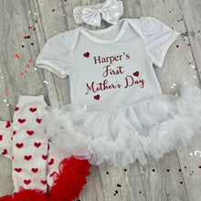 Load image into Gallery viewer, Personalised First Mother&#39;s Day Baby Girl Tutu Romper With Matching Bow Headband And Red Heart Leg Warmers
