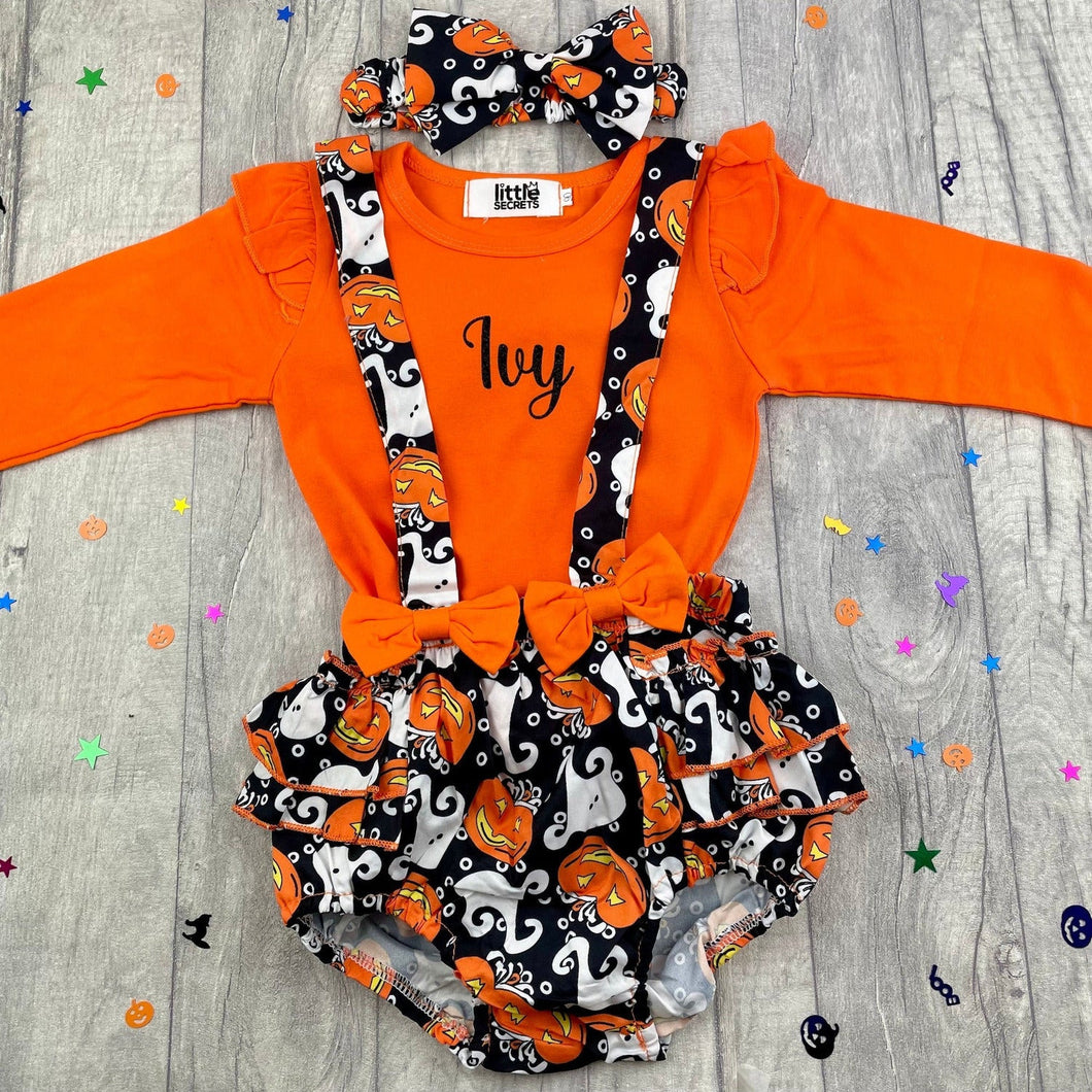 Personalised Baby Girl Halloween Braced Bloomer & Top Set, Pumpkin Ghost Costume - Little Secrets Clothing